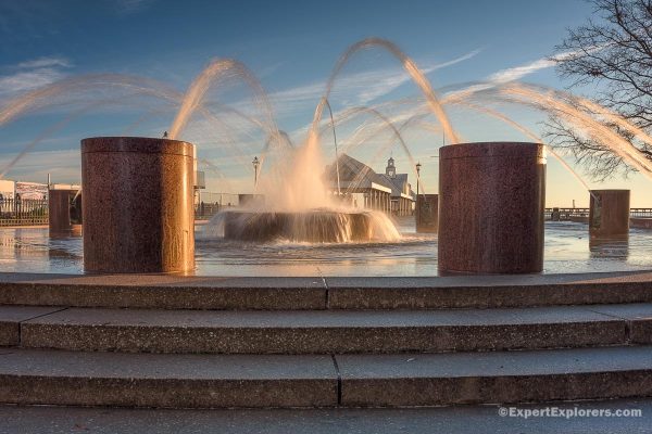 Water fountain in morning sunrise glow, Joe Riley Waterfront Park, Charleston, SC