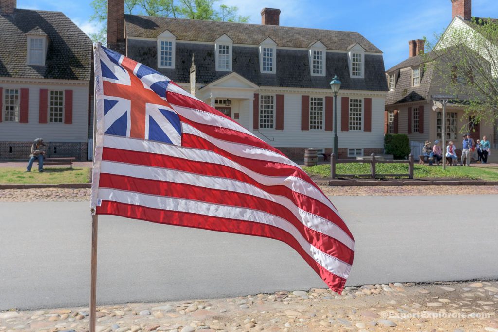 Grand Union Flag flying on the streets of Colonial Williamsburg, Virginia