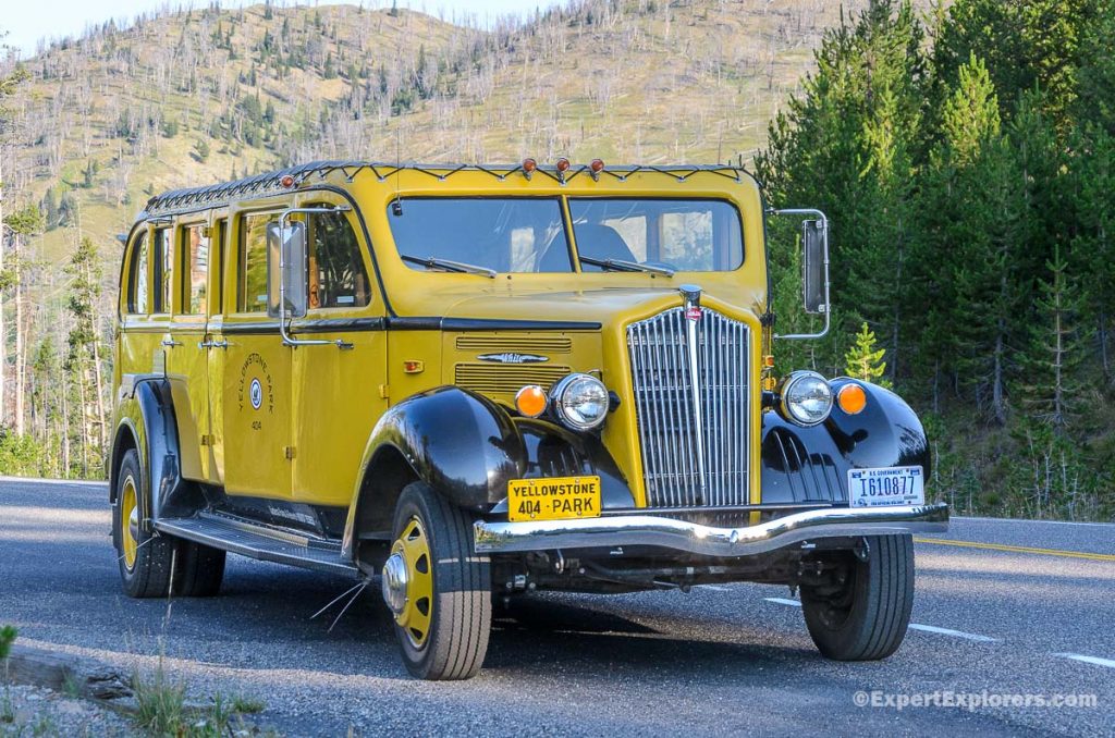 Bright yellow vintage park bus, Yellowstone National Park, Wyoming